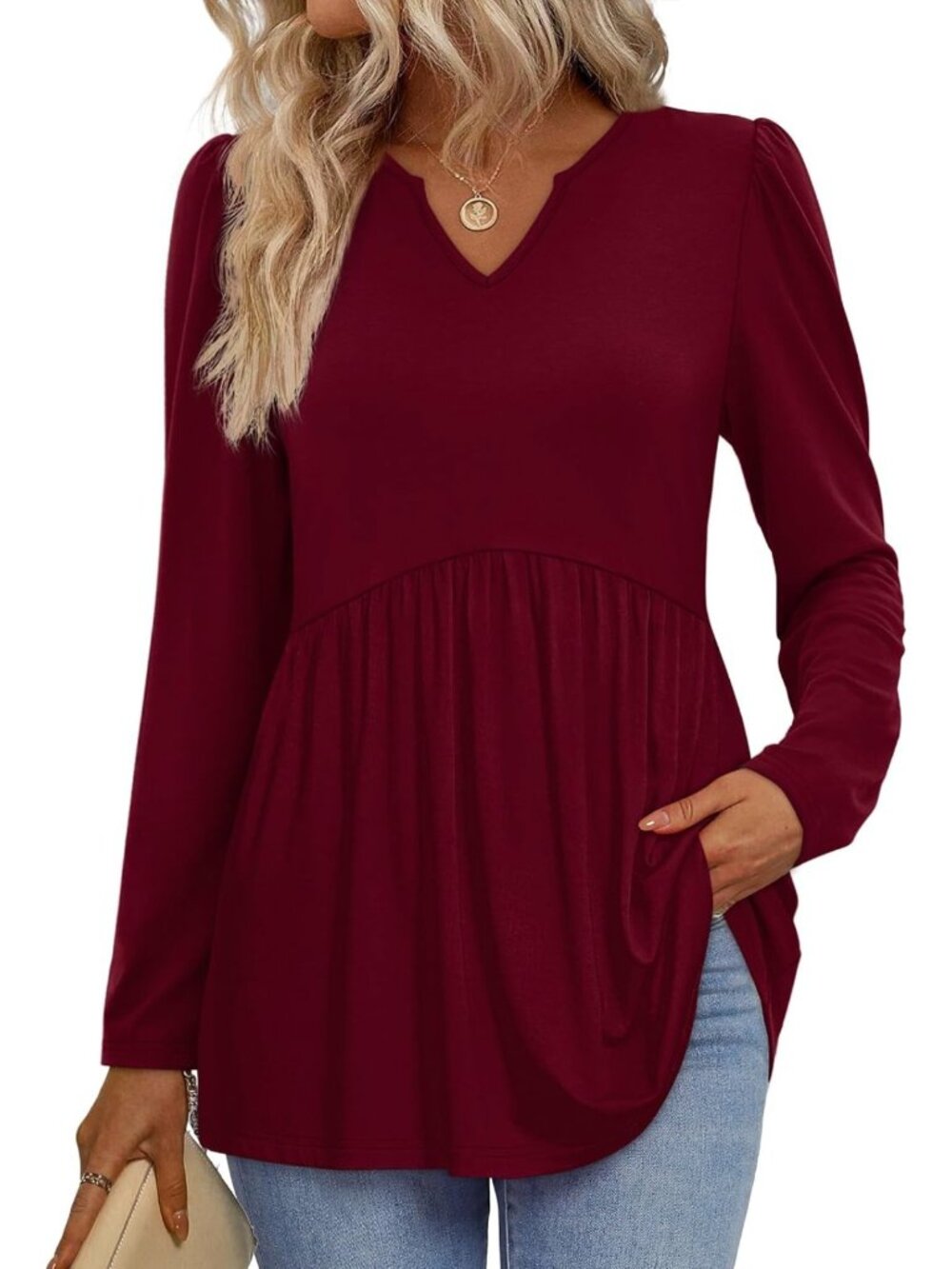 Chic Women's Long Sleeve Babydoll Peplum Top - V Neck Casual Fall Blouse